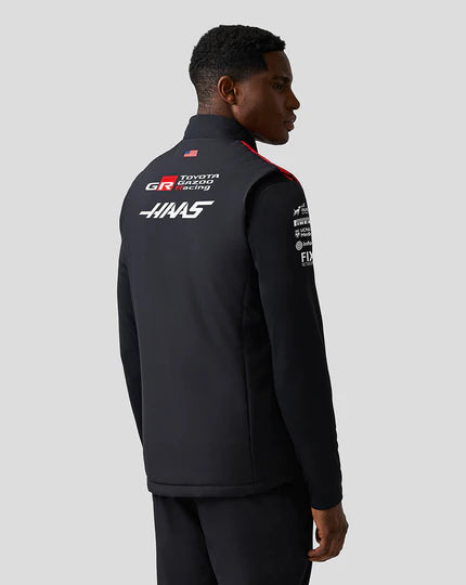 Back view of the Haas F1 Team unisex gilet showing the clean minimalist design and insulated panels.