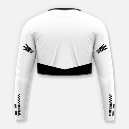 White long-sleeve shirt with black accents and brand logos on a white background