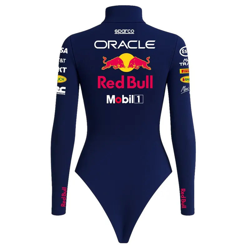 Navy blue racing suit with Red Bull and Oracle branding on a white background