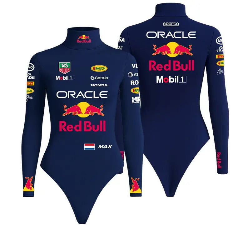 Navy racing suit with Red Bull and Oracle branding on a white background