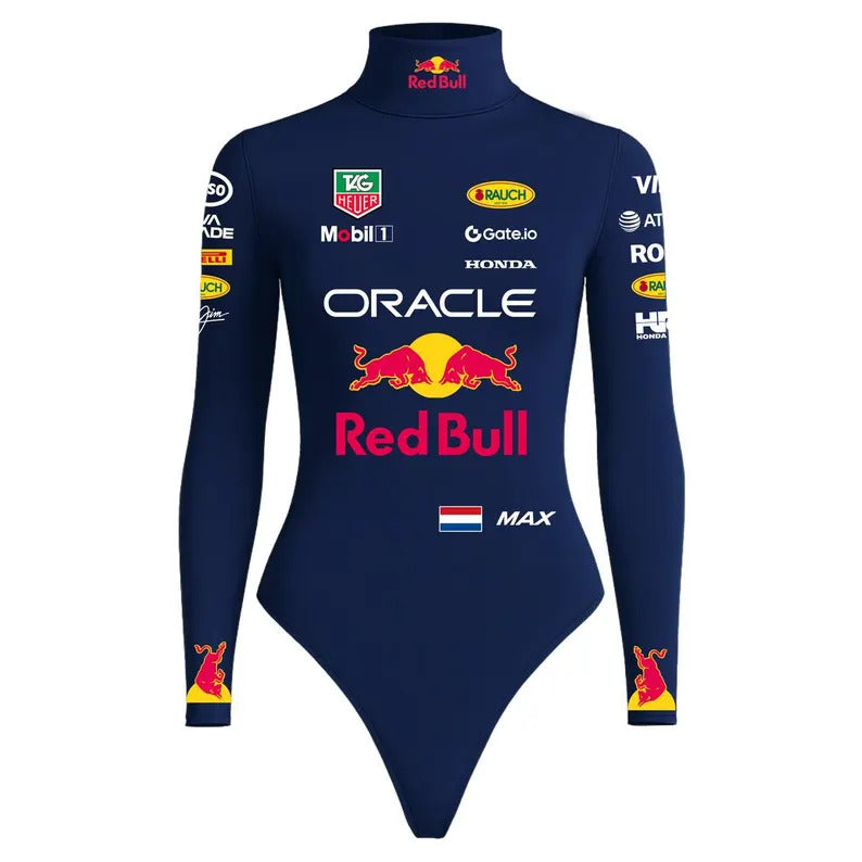 Navy blue bodysuit with Red Bull and Oracle branding on a white background
