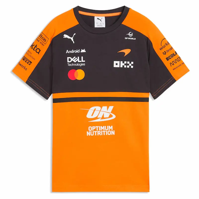 Black and orange sports jersey with various brand logos on a white background