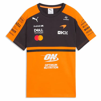 Black and orange sports jersey with various brand logos on a white background