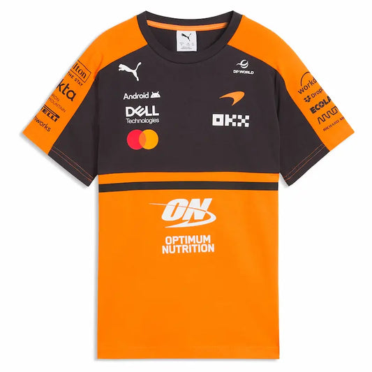 Black and orange sports jersey with various brand logos on a white background