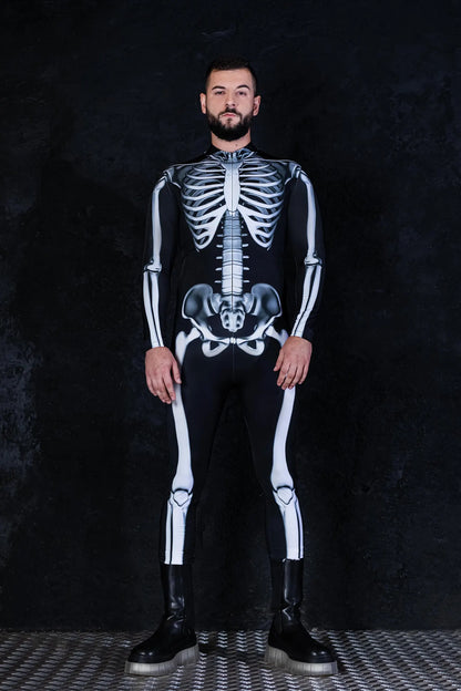 Men's skeleton bodysuit styled alongside matching women's costume for Halloween couple outfits