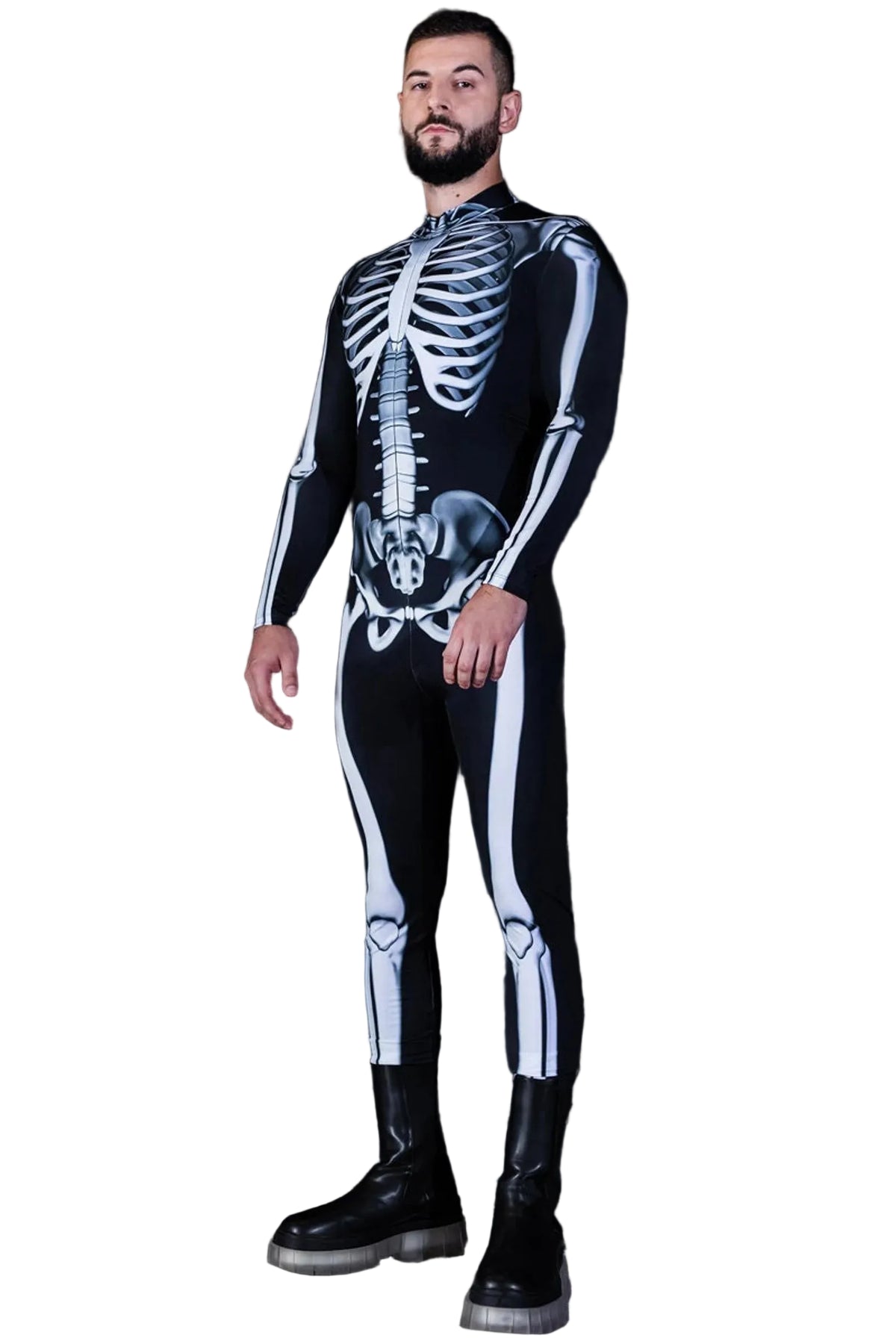 Front view of Men's Skeleton Halloween bodysuit featuring mock neck and long sleeves