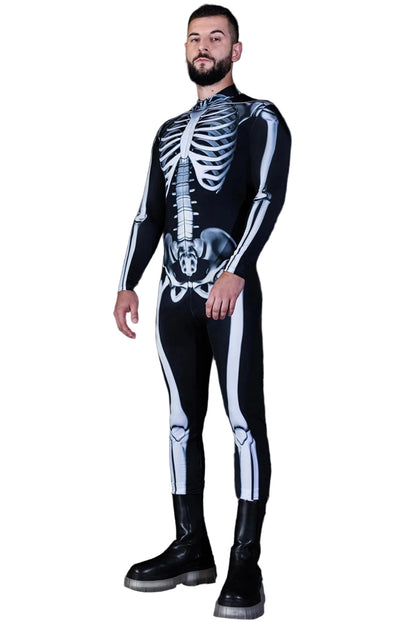 Front view of Men's Skeleton Halloween bodysuit featuring mock neck and long sleeves