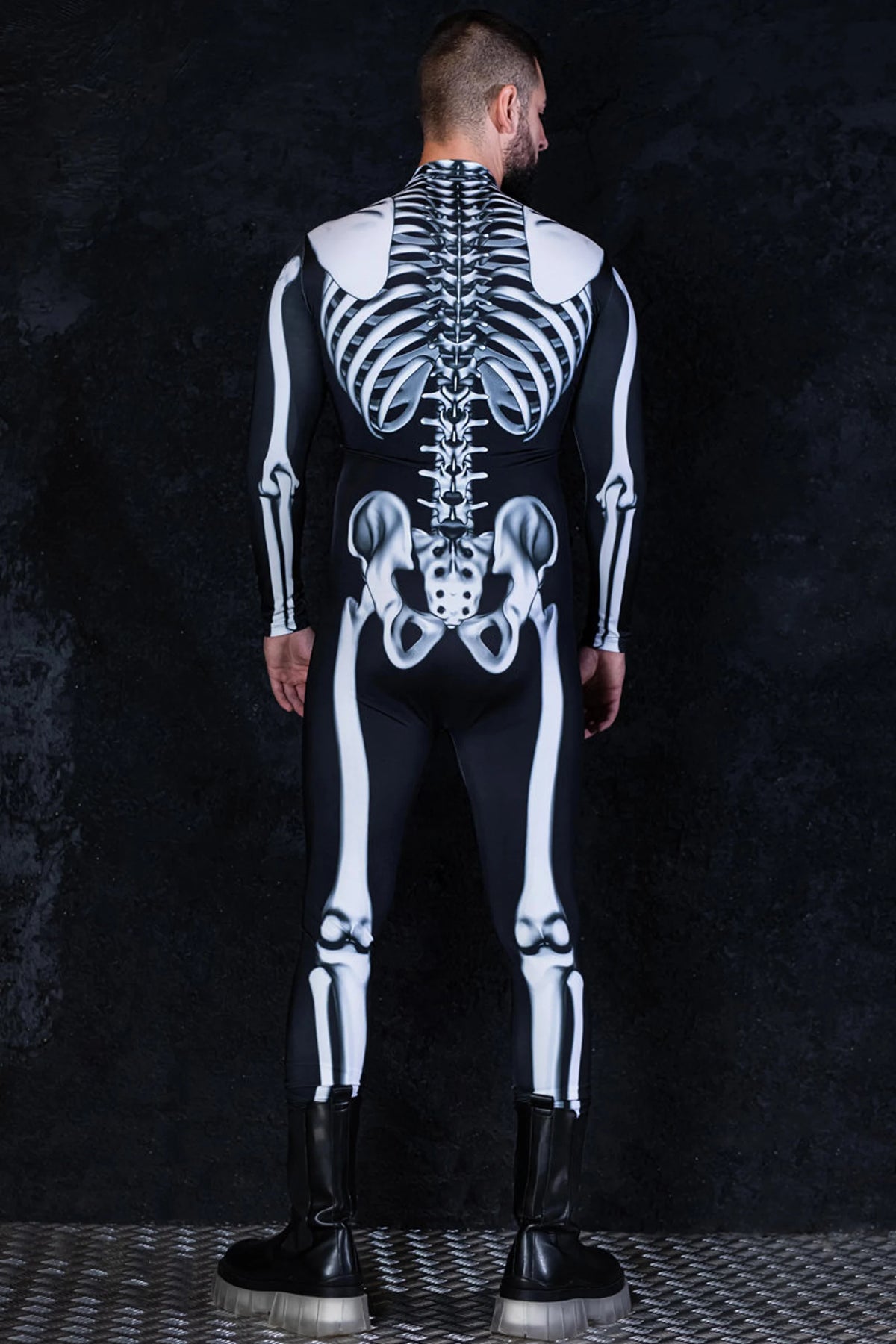 Back view showing athletic fit and full coverage on Men's skeleton costume