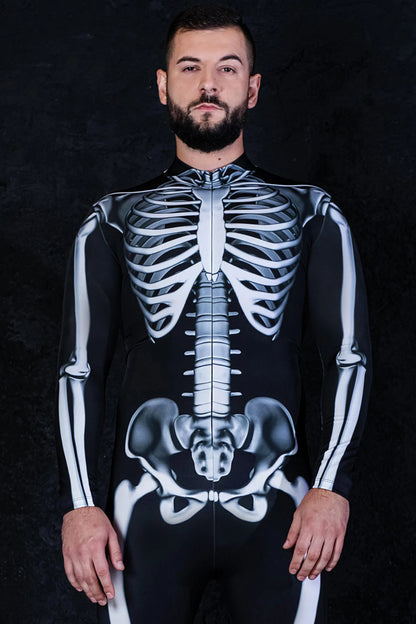 Close-up detail of high-definition sublimated skeleton bone graphics and hidden front zipper on spandex suit