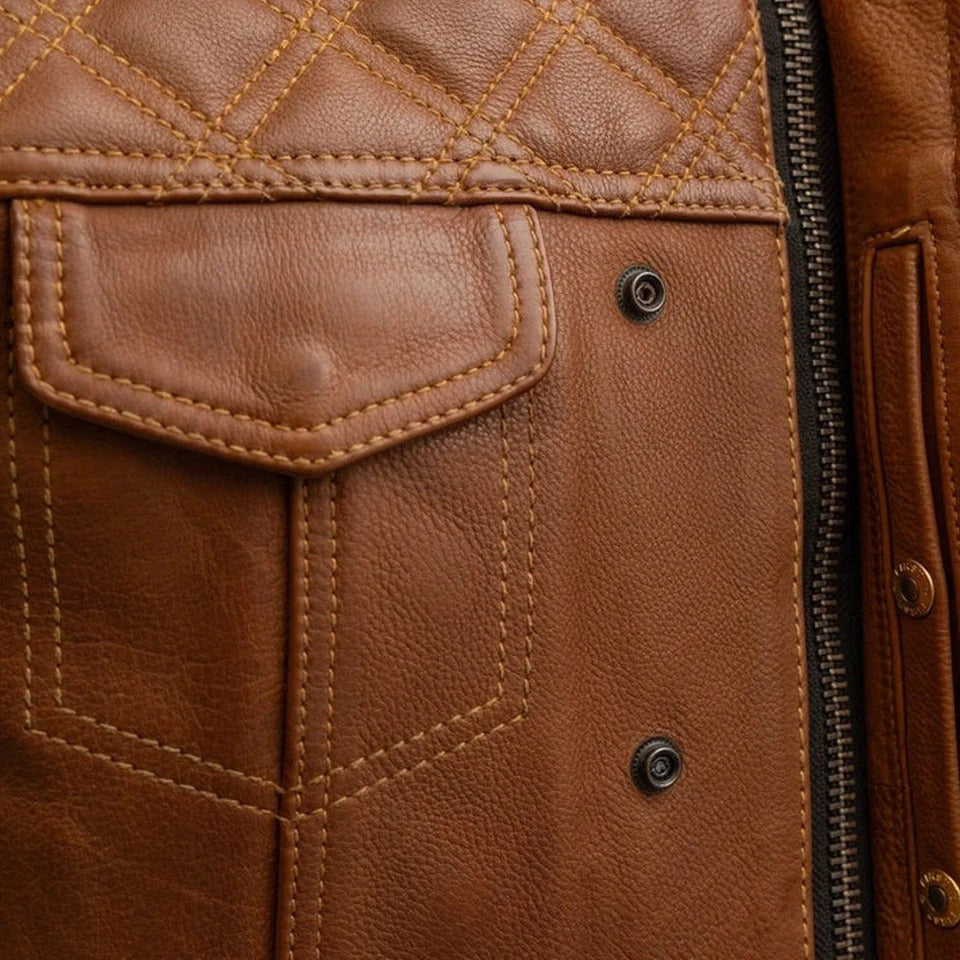 Close-up of a brown leather jacket with stitching details