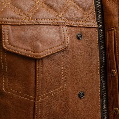 Close-up of a brown leather jacket with stitching details