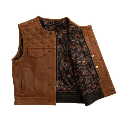 Brown leather vest with patterned lining on a white background
