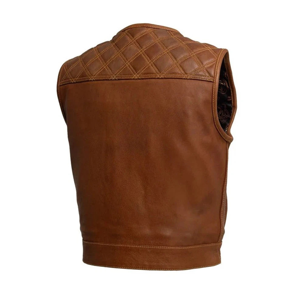 Brown leather vest with quilted collar on a white background