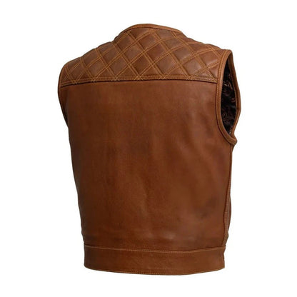 Brown leather vest with quilted collar on a white background