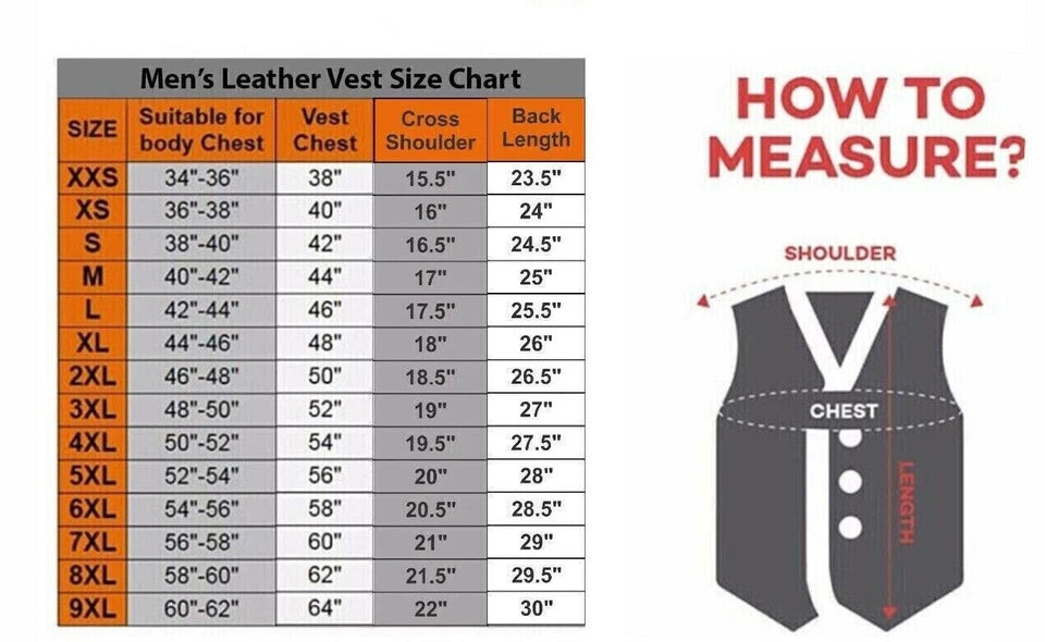 Men's leather vest size chart with measurement guide