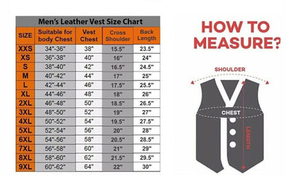 Men's leather vest size chart with measurement guide