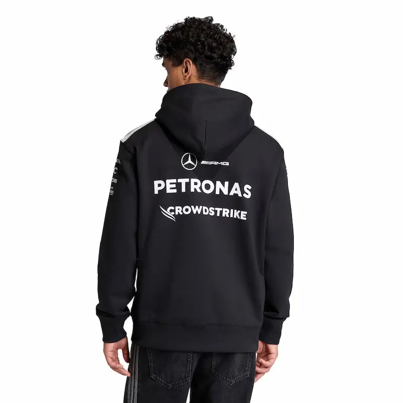 Mercedes AMG Petronas adidas F1 2026 black hoodie back design showing team branding