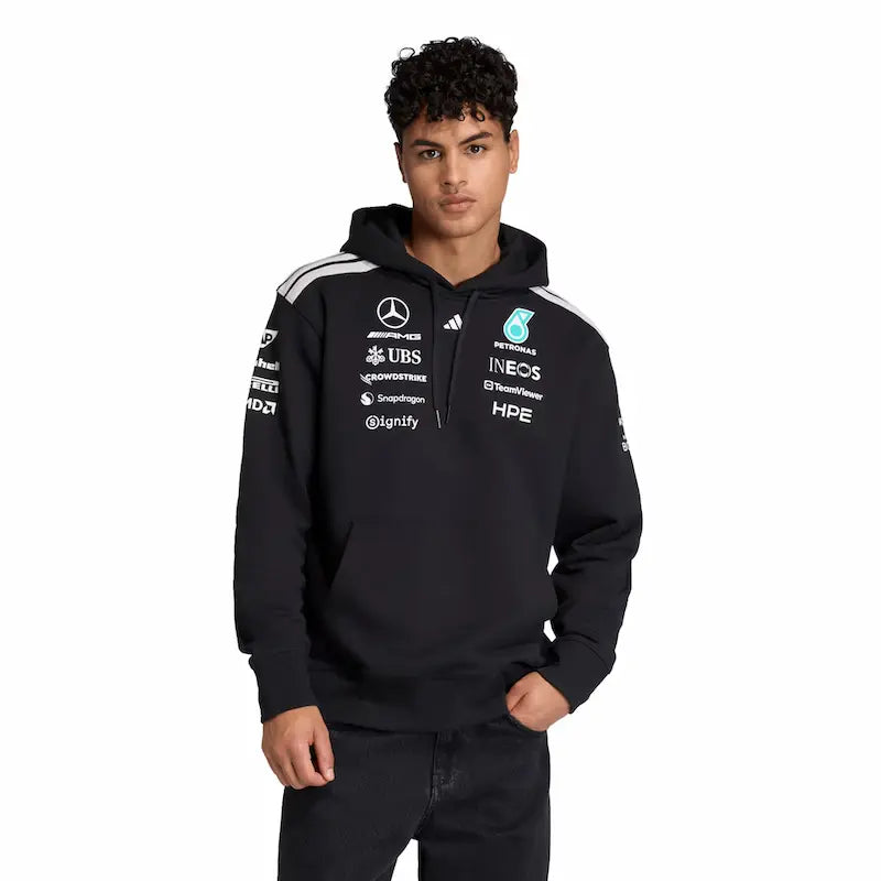 Mercedes AMG Petronas adidas F1 2026 team hoodie black front view with official logos