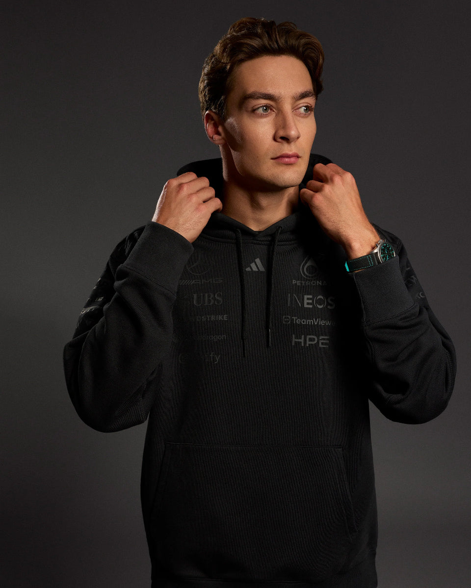 Mercedes AMG Petronas Adidas F1 Team Lights Out Hoodie Replica - Black Silver Teal Front View