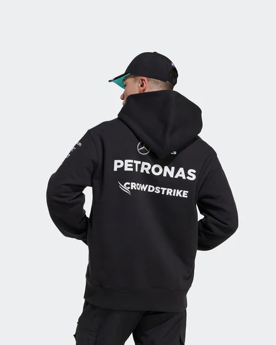 Mercedes F1 2025 men's team hoodie back showing sublimation printed Silver Arrows graphics