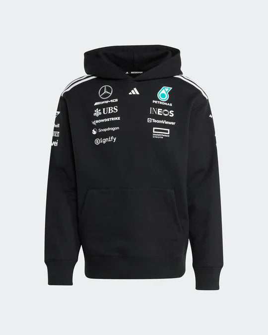 Mercedes-AMG F1 logo detail on 2025 black team hoodie with sublimation print