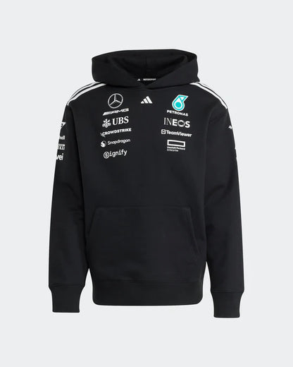 Mercedes-AMG F1 logo detail on 2025 black team hoodie with sublimation print