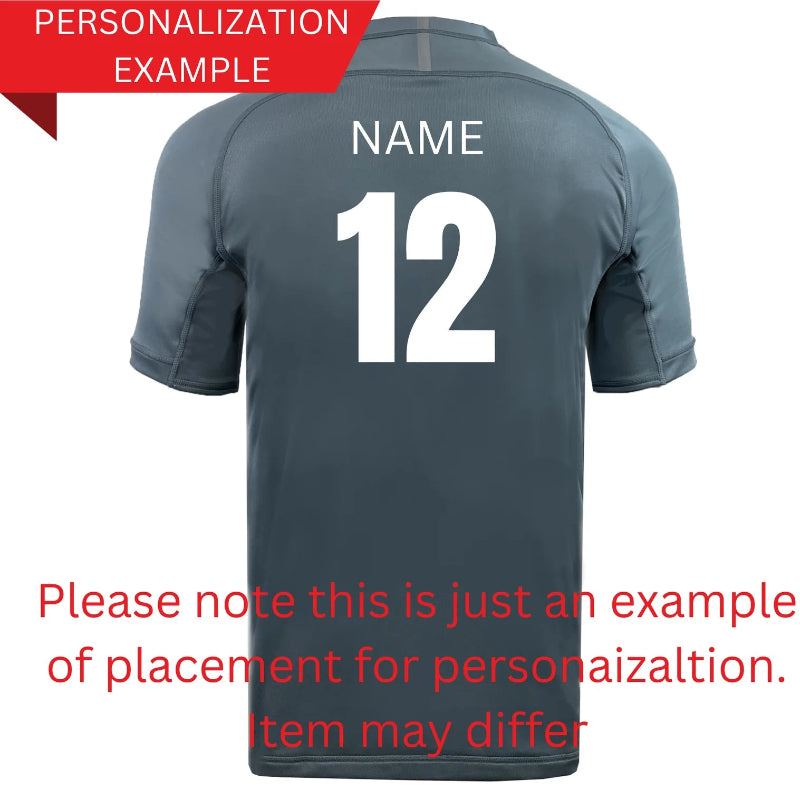 Gray sports jersey with 'NAME' and '12' printed on the back, with text indicating it's a personalization example.