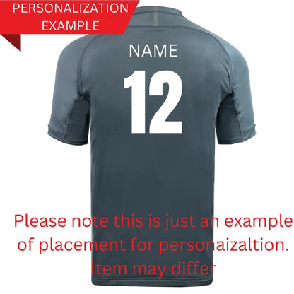 Gray sports jersey with 'NAME' and '12' printed on the back, with text indicating it's a personalization example.