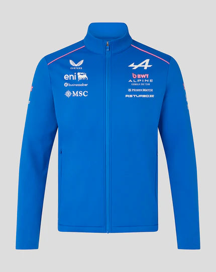 BWT Alpine F1 Team Unisex Soft Shell Jacket Replica 2026 - Blue Wild Orchid Pink White Front View