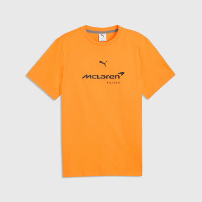 Front view of the black McLaren Racing inspired unisex t-shirt featuring a large high-definition orange speedmark logo printed on the chest by TassFit Performance