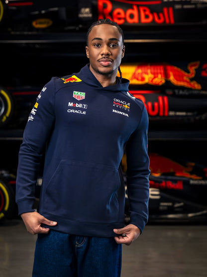 Red Bull Racing hoodie showing navy and red livery with premium fleece construction