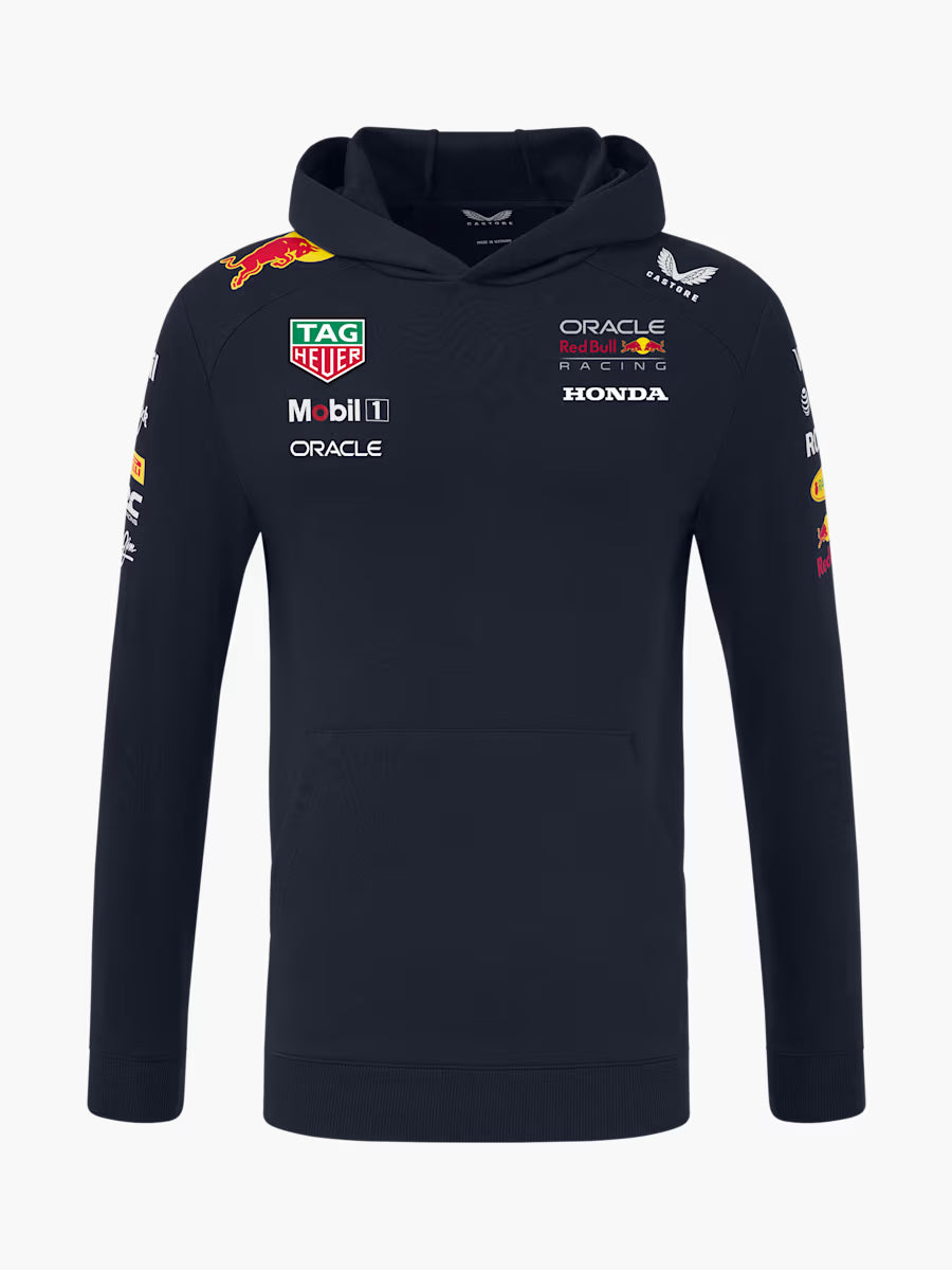 ed Bull Racing official replica hoodie in navy blue with team logos and Oracle branding