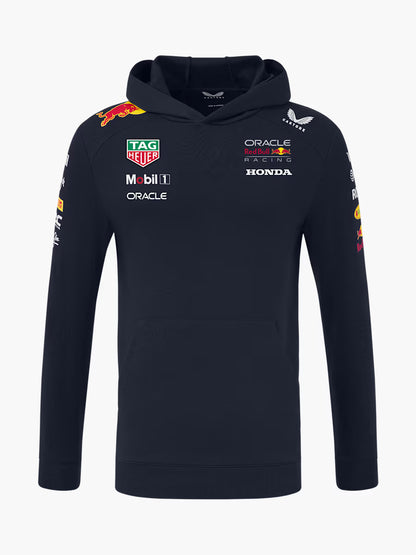 ed Bull Racing official replica hoodie in navy blue with team logos and Oracle branding