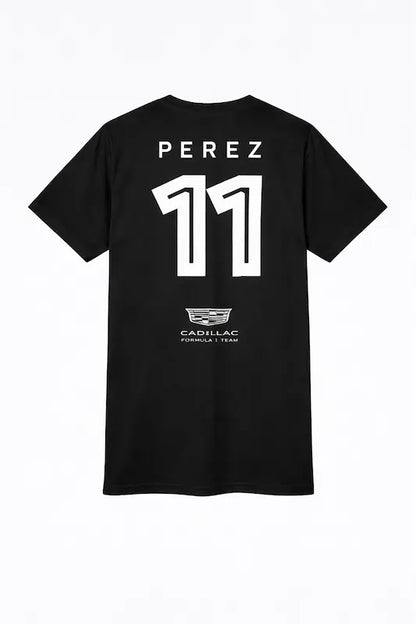 Black t-shirt with 'Perez 11' and Cadillac logo on a white background
