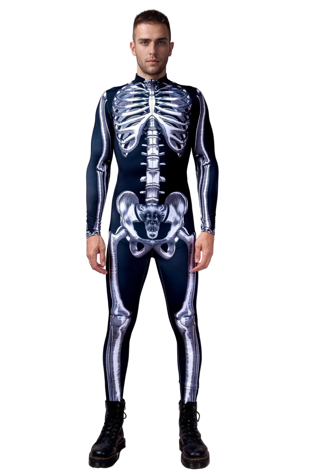 Front view of Men's Silver Bones Skeleton full bodysuit with sublimated graphics and mock neck
