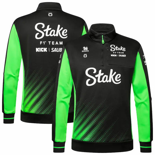 Black and green jacket with 'Stake' branding on a white background