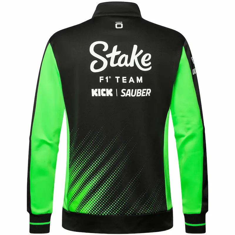 Black and green jacket with 'Stake F1 Team' and 'Kick Sauber' text on a white background