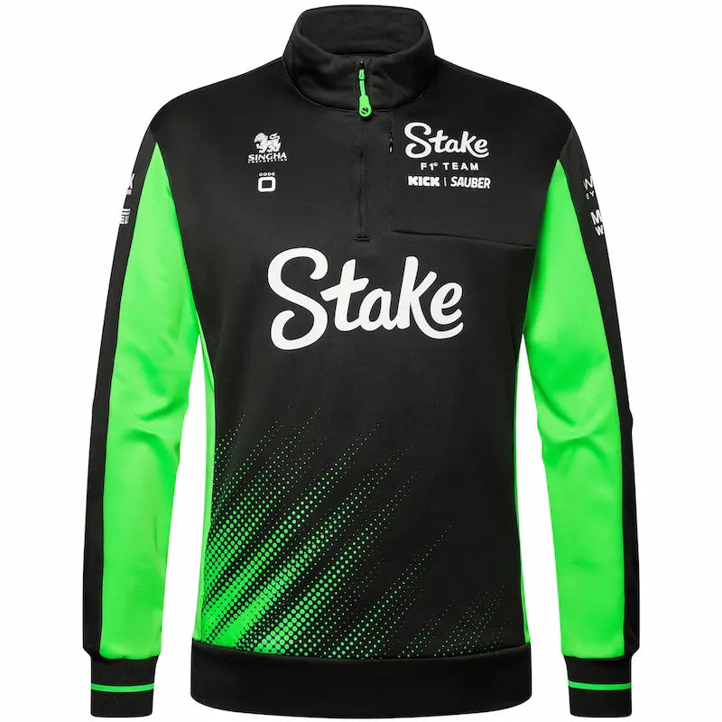 Black and green jacket with 'Stake' branding on a white background