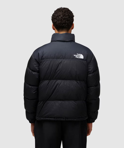 Person wearing a black puffer jacket with The North Face logo on a light gray background