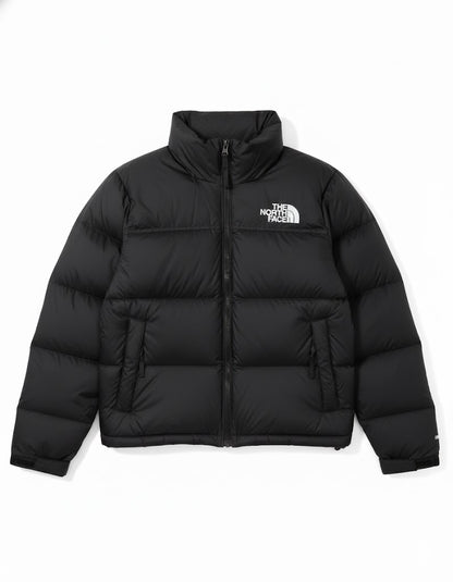 Black puffer jacket with The North Face logo on a white background