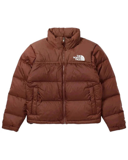 Brown puffer jacket with The North Face logo on a white background