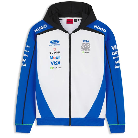 VISA Cash App RB F1 Team Hugo 2026 Full Zip Hoodie Replica - Blue White Red Front View
