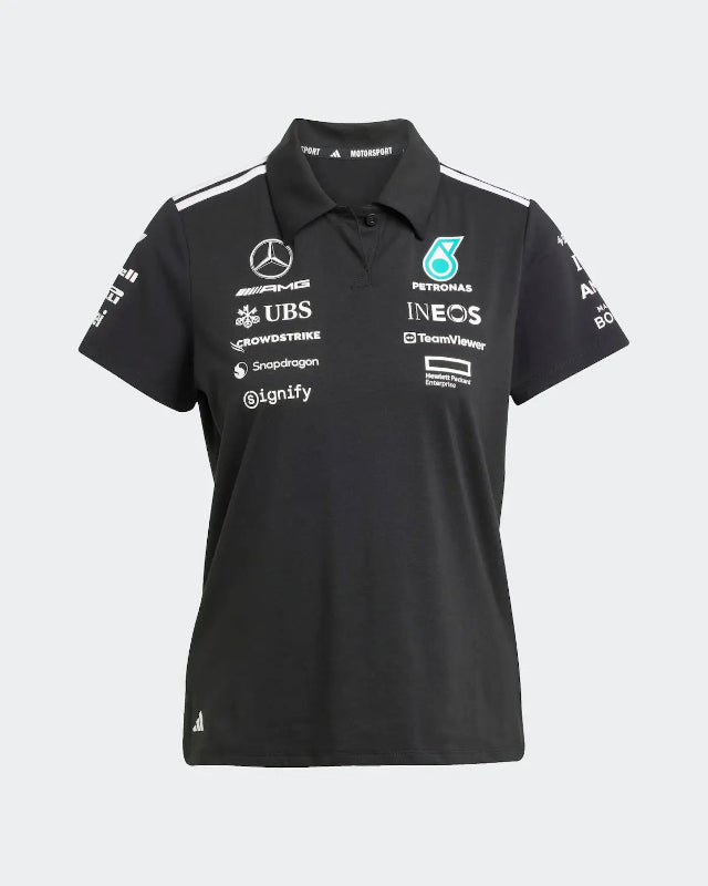 Close-up of Mercedes-AMG Petronas F1 Team Badge on Black Women's Replica Polo