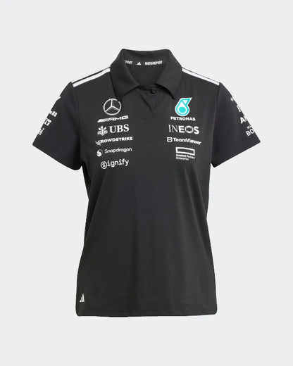 Close-up of Mercedes-AMG Petronas F1 Team Badge on Black Women's Replica Polo