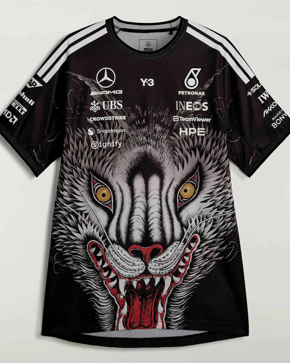 Mercedes-AMG Petronas F1 Team Y-3 Short-Sleeve Driver Tee Replica - Black Silver Teal Front View