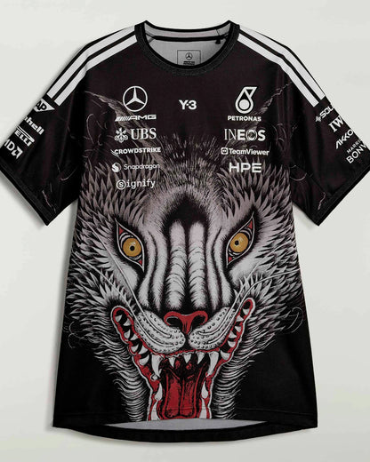 Mercedes-AMG Petronas F1 Team Y-3 Short-Sleeve Driver Tee Replica - Black Silver Teal Front View