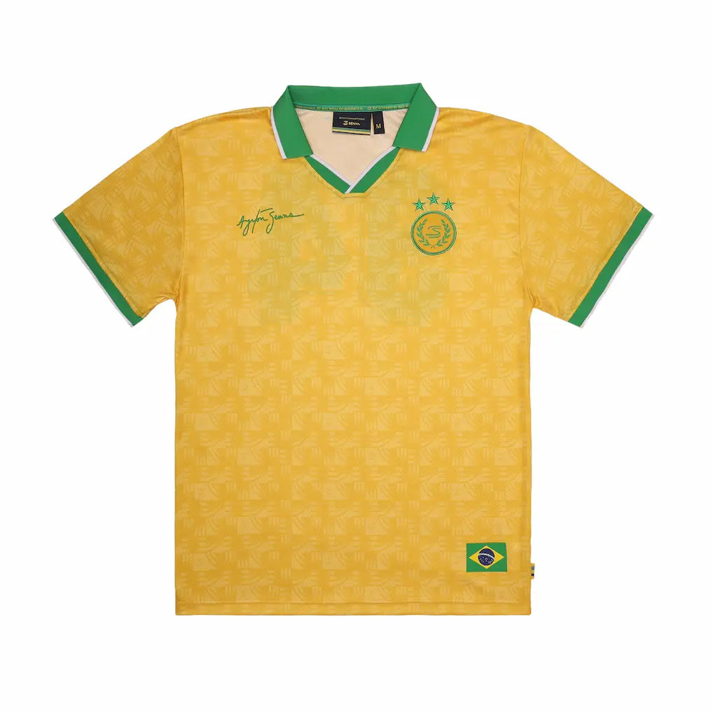 yrton Senna 94 Relaxed Fit Football Jersey – Yellow with Senna Signature and Brazil Flag Detail