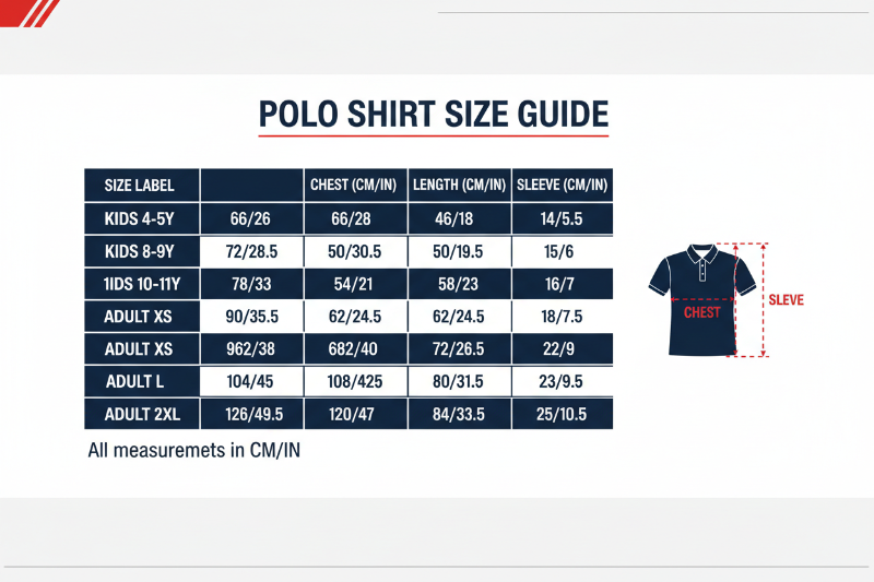 Polo shirt size guide with measurements on a white background