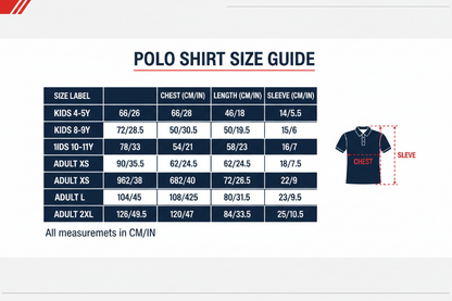 Polo shirt size guide with measurements on a white background
