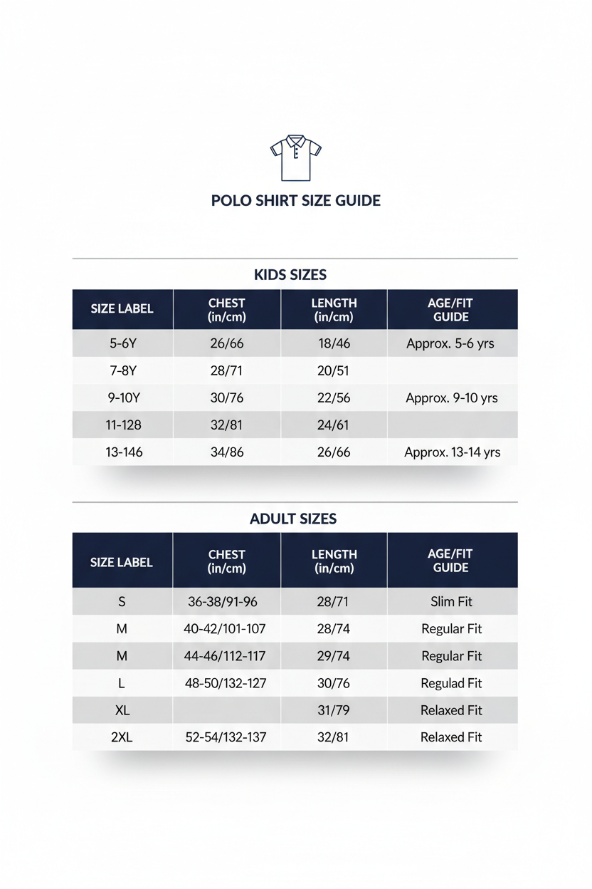 Polo shirt size guide for kids and adults on a white background